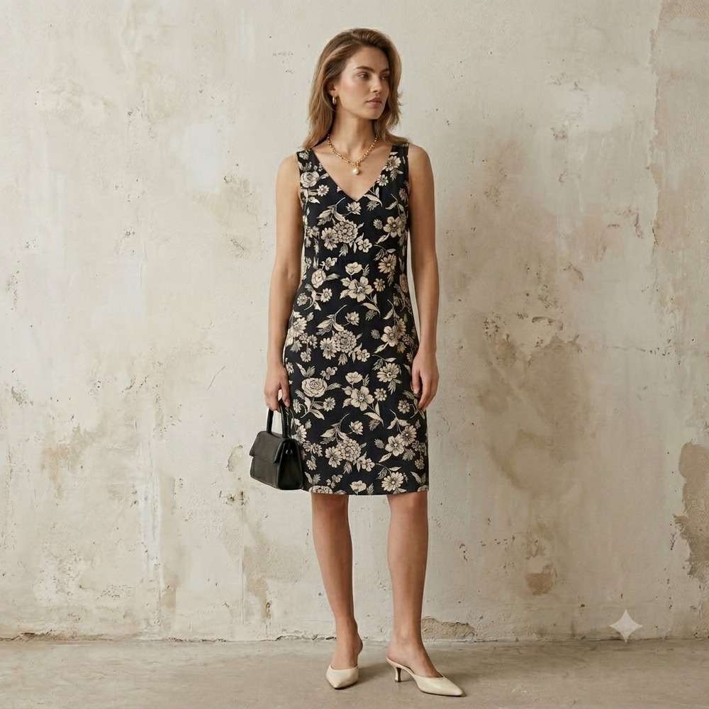 Vintage 90s Lauren Ralph Lauren Dress Womens 6 Navy Silk Floral V-Neck midi